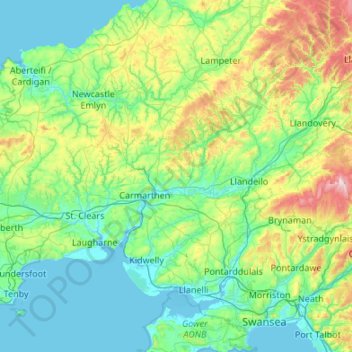 Carte topographique Carmarthenshire, altitude, relief