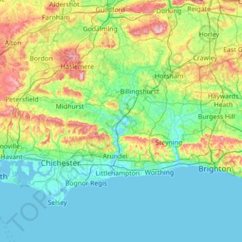 Carte topographique West Sussex, altitude, relief