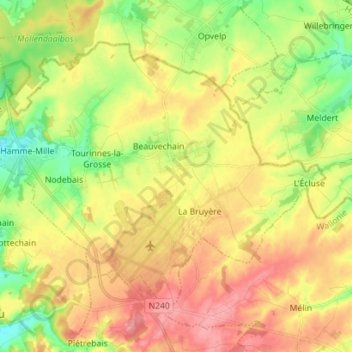 Carte topographique Brabant wallon, altitude, relief