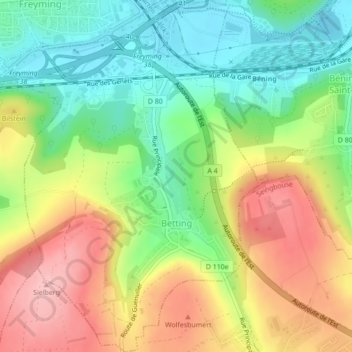 Carte topographique Betting, altitude, relief