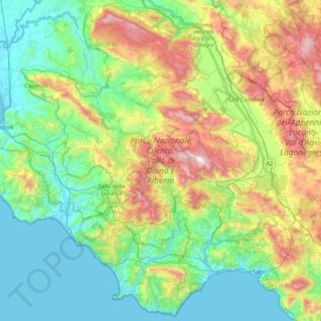Carte topographique Parco Nazionale Cilento, Vallo di Diano e Alburni, altitude, relief