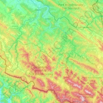 Carte topographique powiat leski, altitude, relief