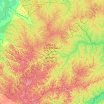 Carte topographique Área de Conservación Regional Comunal Tamshiyacu Tahuayo, altitude, relief