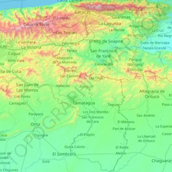 Carte topographique Aragua, altitude, relief