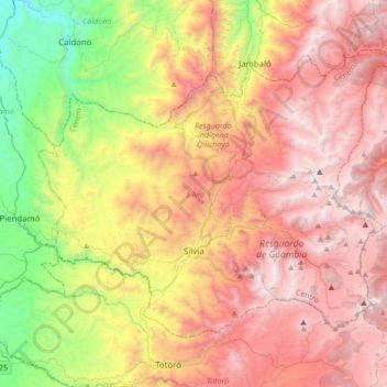 Carte topographique Silvia, altitude, relief