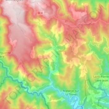 Carte topographique Malarce-sur-la-Thines, altitude, relief