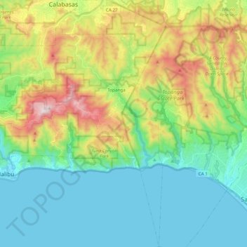 Carte topographique Topanga, altitude, relief