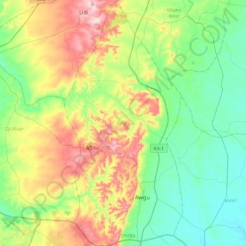 Carte topographique Awgu, altitude, relief