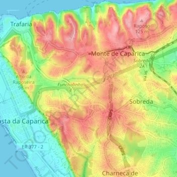 Carte topographique Caparica, altitude, relief