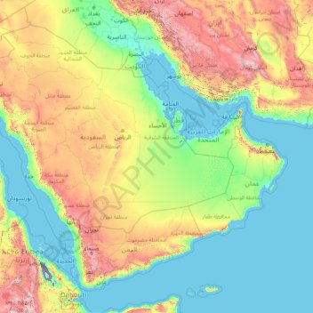 Carte topographique péninsule Arabique, altitude, relief