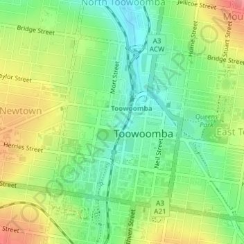 Carte topographique Toowoomba City, altitude, relief