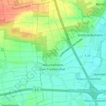 Carte topographique Heuchelheim bei Frankenthal, altitude, relief