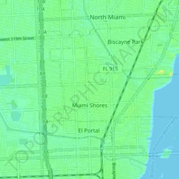 Carte topographique Miami Shores, altitude, relief
