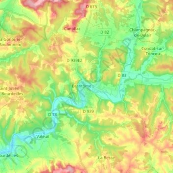 Carte topographique Brantôme en Périgord, altitude, relief