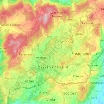 Carte topographique Paços de Ferreira, altitude, relief