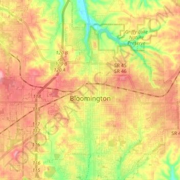 Carte topographique Bloomington, altitude, relief