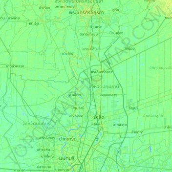 Carte topographique Pathum Thani Province, altitude, relief