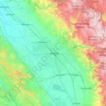 Carte topographique Fresno County, altitude, relief