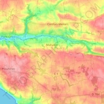 Carte topographique Mahalon, altitude, relief