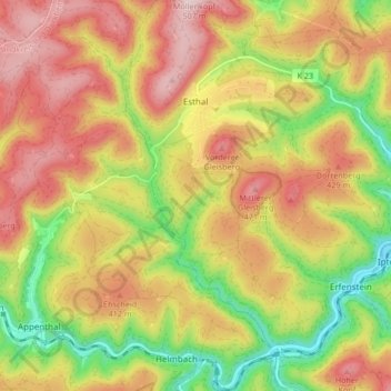 Carte topographique Esthal, altitude, relief