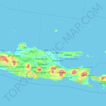 Carte topographique Jawa Timur, altitude, relief