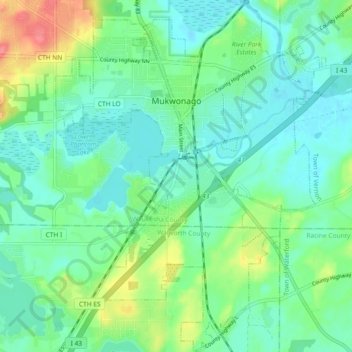 Carte topographique Mukwonago, altitude, relief