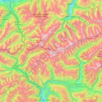 Carte topographique Zillertal Alps, altitude, relief