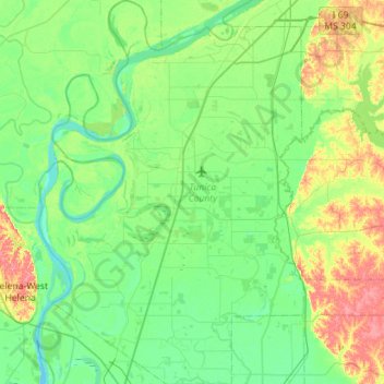 Carte topographique Tunica County, altitude, relief