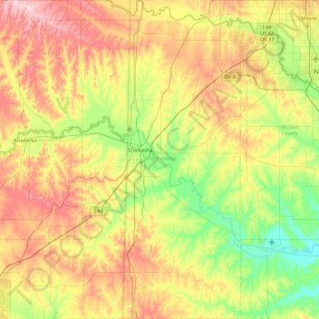 Carte topographique Grady County, altitude, relief