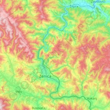 Carte topographique Ville de Zenica, altitude, relief