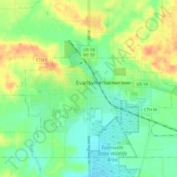 Carte topographique Evansville, altitude, relief