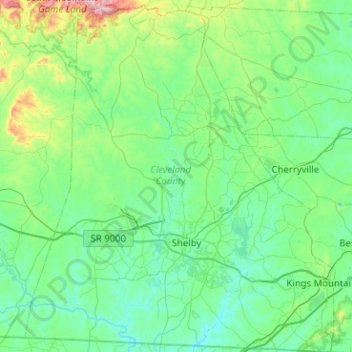Carte topographique Cleveland County, altitude, relief