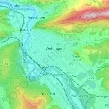 Carte topographique Wettingen, altitude, relief