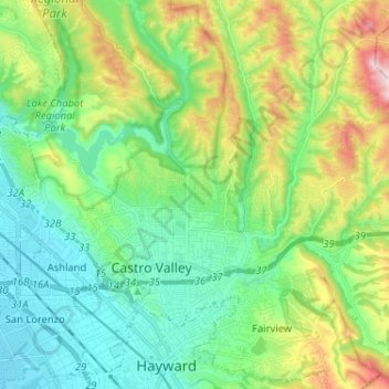 Carte topographique Castro Valley, altitude, relief