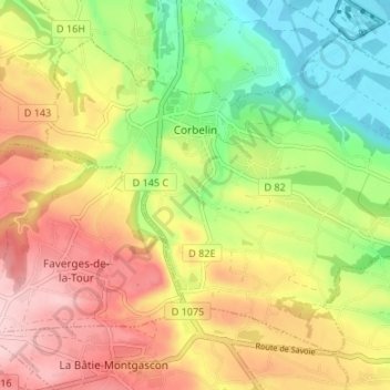 Carte topographique Corbelin, altitude, relief
