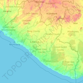 Carte topographique Liberia, altitude, relief