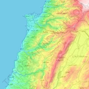 Carte topographique Gouvernorat du Mont Liban, altitude, relief