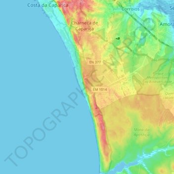 Carte topographique Paisagem Protegida da Arriba Fóssil da Costa da Caparica, altitude, relief