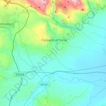 Carte topographique Cassano all'Ionio, altitude, relief