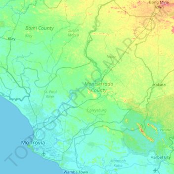 Carte topographique Comté de Montserrado, altitude, relief