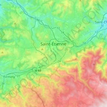 Carte topographique Saint-Étienne, altitude, relief