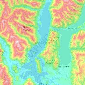 Carte topographique Lac Wanaka, altitude, relief