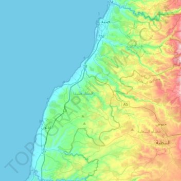 Carte topographique District de Sidon, altitude, relief