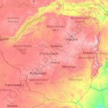 Carte topographique Zimbabwe, altitude, relief