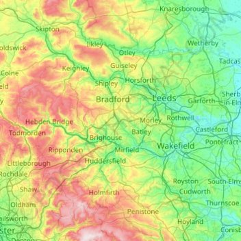 Carte topographique Yorkshire de l'Ouest, altitude, relief