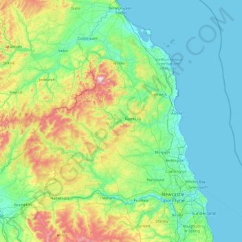Carte topographique Northumberland, altitude, relief