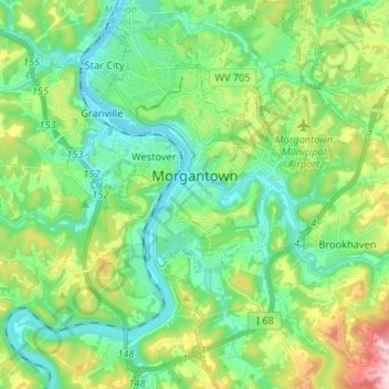 Carte topographique Morgantown, altitude, relief