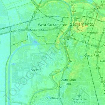 Carte topographique West Sacramento, altitude, relief