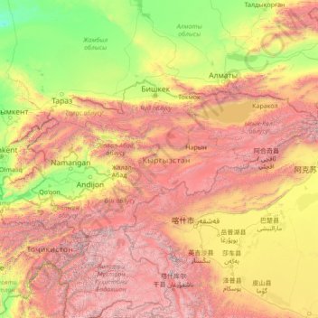 Carte topographique Kirghizistan, altitude, relief