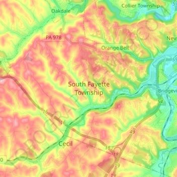Carte topographique South Fayette Township, altitude, relief